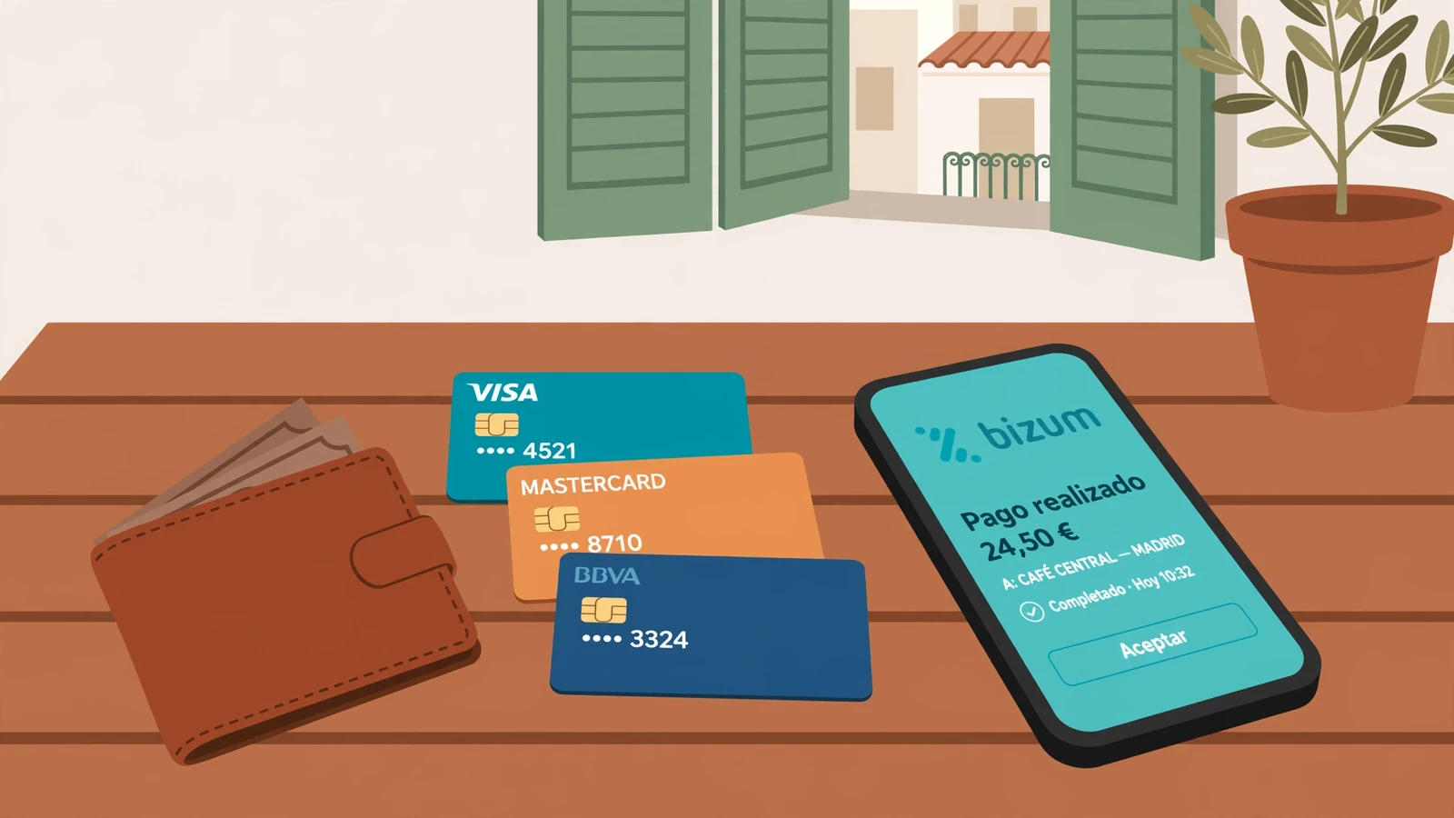 Cartera de cuero, tarjetas de crédito y smartphone con app de pago sobre una mesa de madera